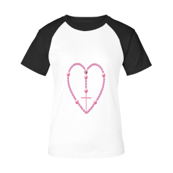Catholic: Heart-Shaped Rosary - Pink Pearl Beads Women's Raglan T-Shirt/Front Printing (Model T62)