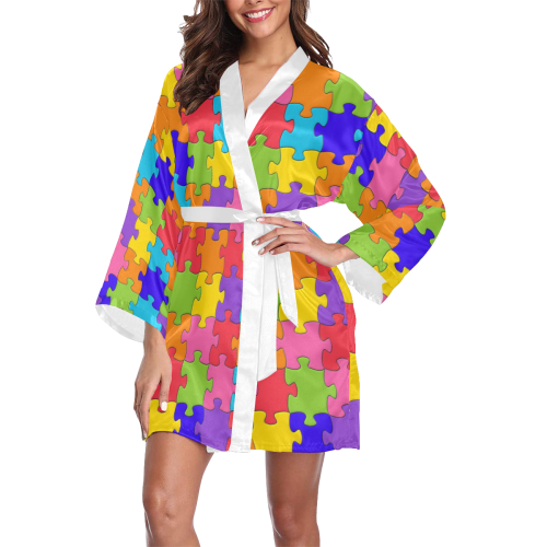 Multicolored Jigsaw Puzzle Long Sleeve Kimono Robe