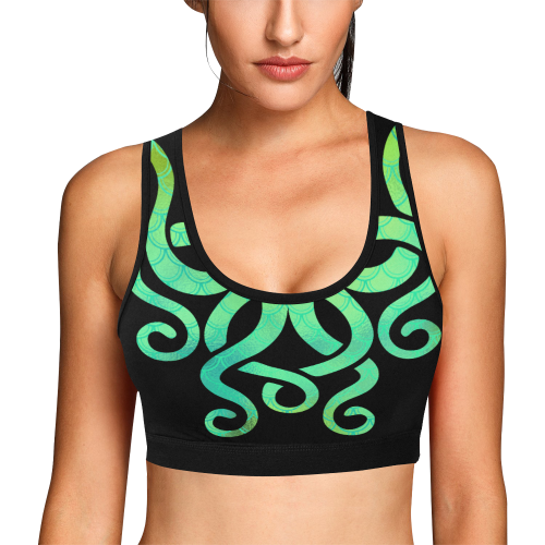 Artsy iridescent green Octopus on onyx black Women's All Over Print Sports Bra (Model T52)