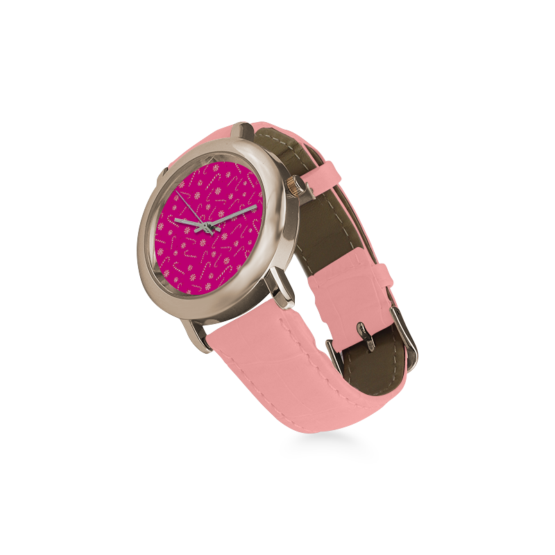 Candy CANE PINK Women's Rose Gold Leather Strap Watch(Model 201)