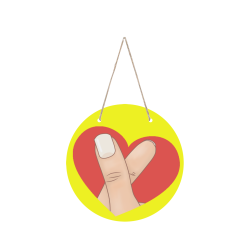Red Heart Fingers on Yellow Round Wood Door Hanging Sign