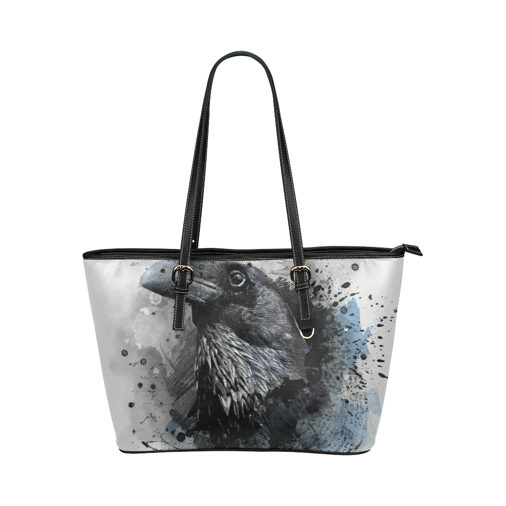 crow raven bird art #crow #raven Leather Tote Bag/Small (Model 1651)