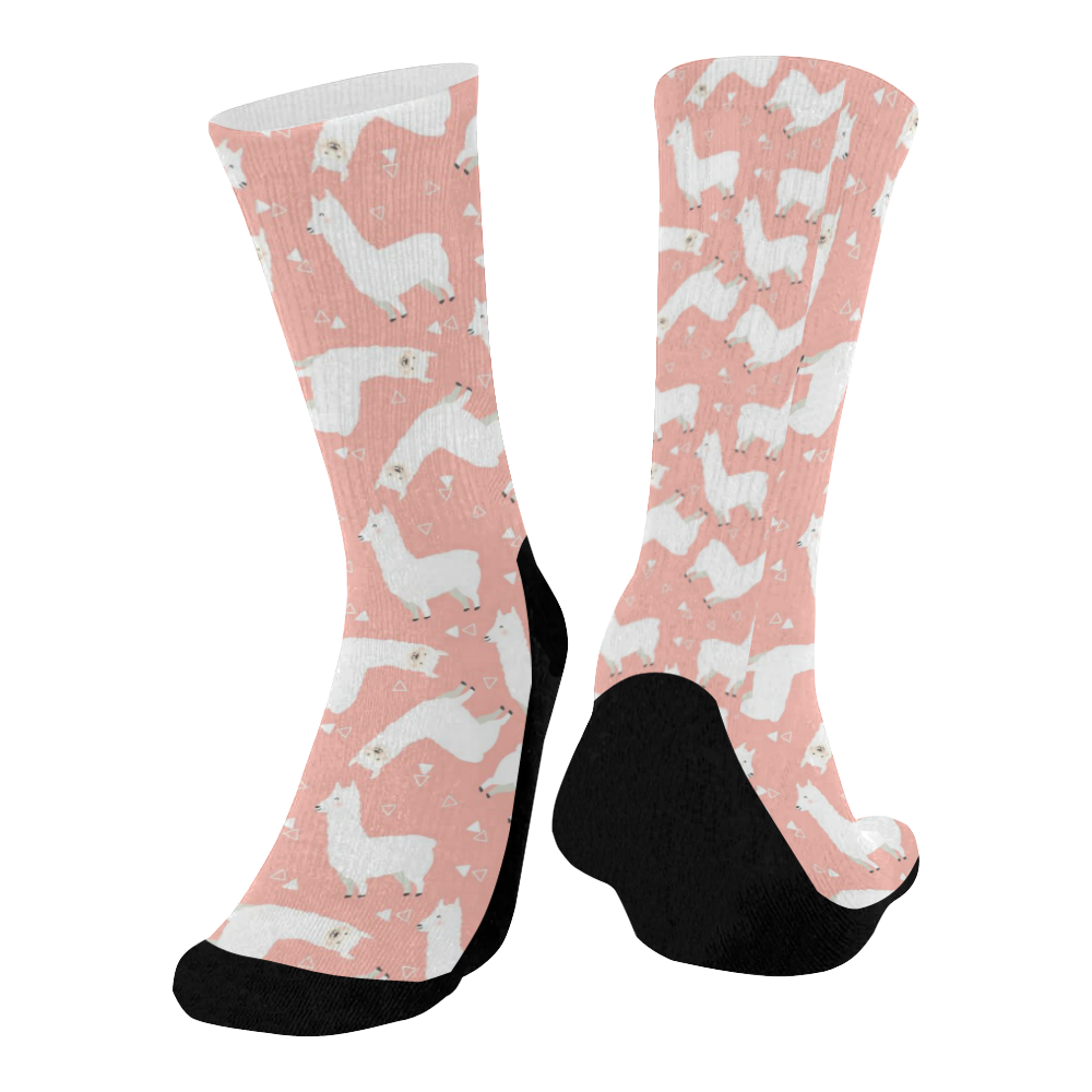 Pink Llama Pattern Mid-Calf Socks (Black Sole)