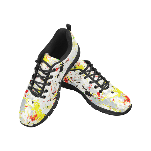 Yellow & Black Paint Splatter - Black Men's Breathable Running Shoes (Model 055)