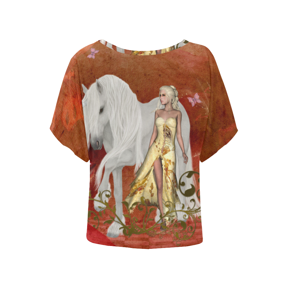 Unicorn with fairy and butterflies Women's Batwing-Sleeved Blouse T shirt (Model T44)