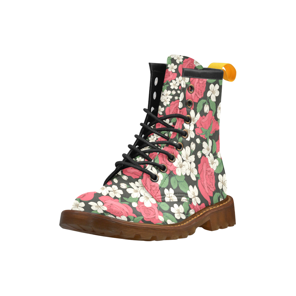 Pink, White and Black Floral High Grade PU Leather Martin Boots For Men Model 402H