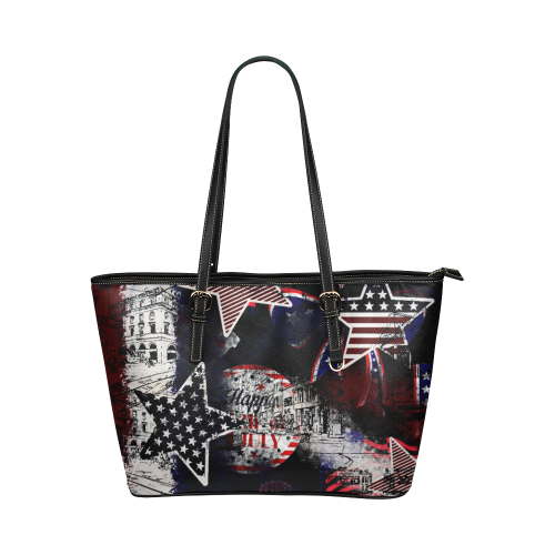 Happy 4th American Town with Stars Design By Me by Doris Clay-Kersey Leather Tote Bag/Large (Model 1651)