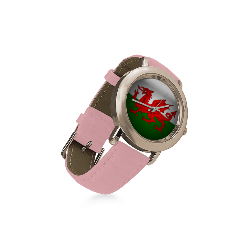 welsh flag Women's Rose Gold Leather Strap Watch(Model 201)