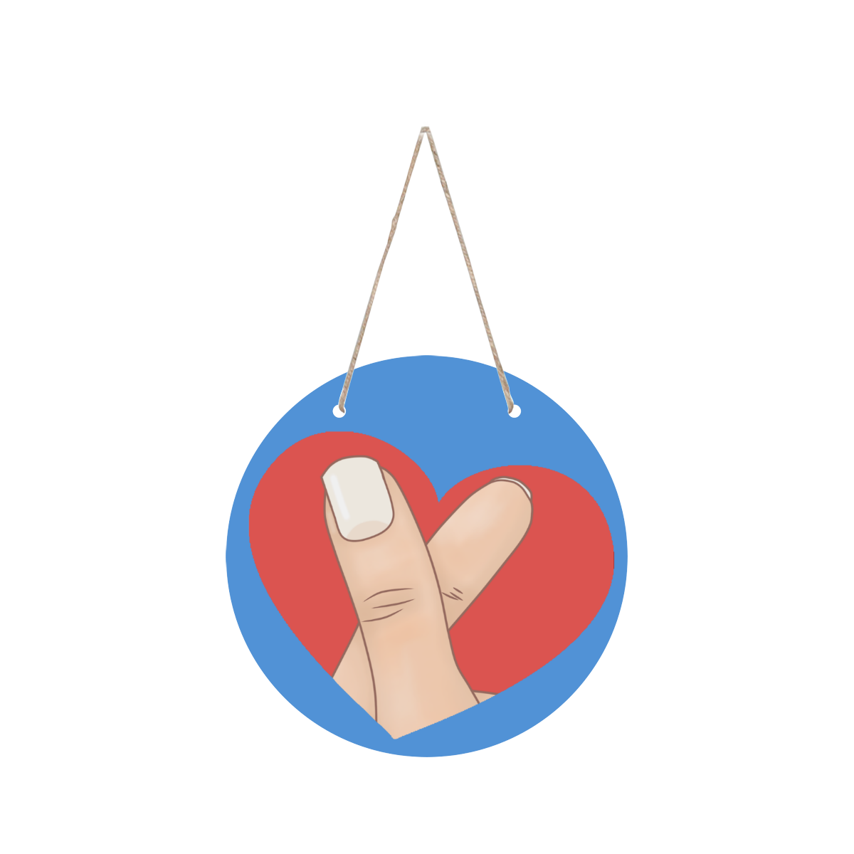 Red Heart Fingers on Blue Round Wood Door Hanging Sign