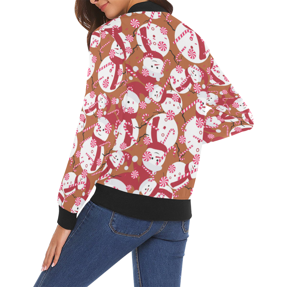 Candy Cane Santa Christmas Party BROWN All Over Print Bomber Jacket for Women (Model H19)
