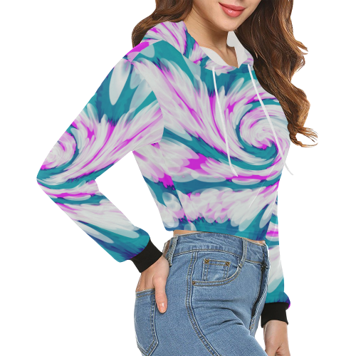 Turquoise Pink Tie Dye Swirl Abstract All Over Print Crop Hoodie for Women (Model H22)