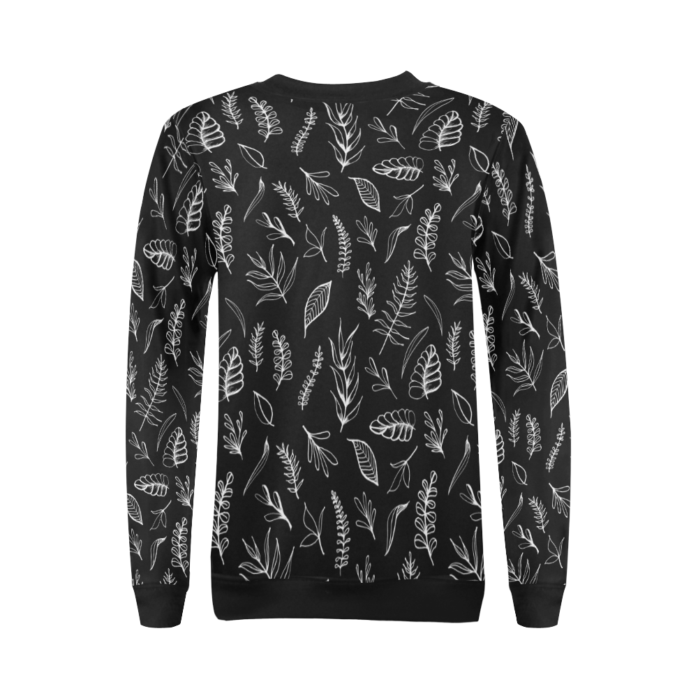 BLACK DANCING LEAVES All Over Print Crewneck Sweatshirt for Women (Model H18)