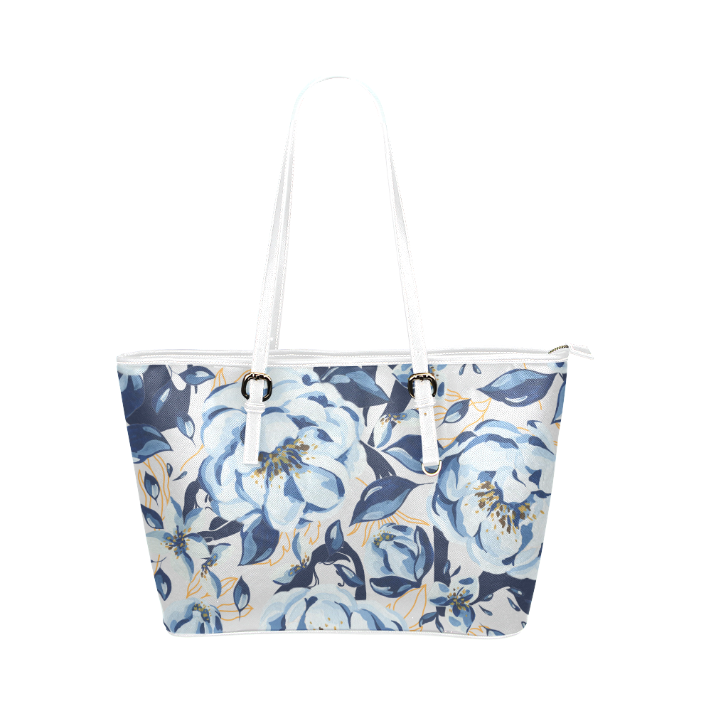 Blue Full Bloom White Tote Purse Bag Leather Tote Bag/Small (Model 1651)