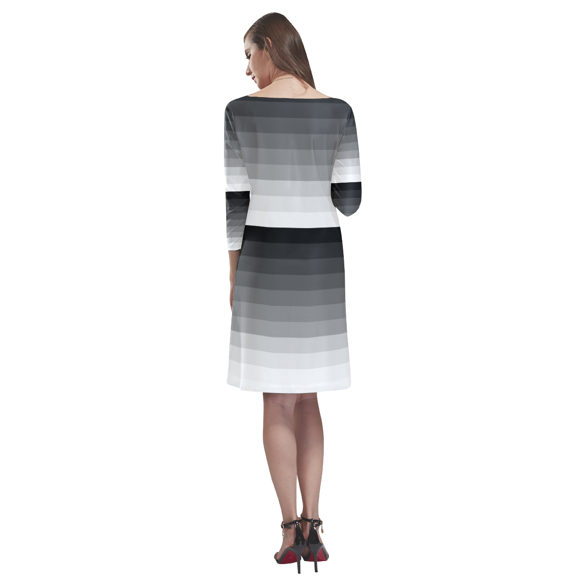 White, black, gray multicolored stripes Rhea Loose Round Neck Dress(Model D22)