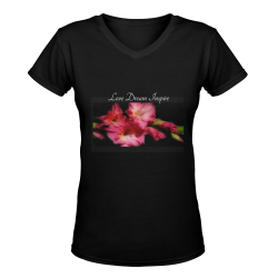 Black: Pink Gladiolus #LoveDreamInspireCo Women's Deep V-neck T-shirt (Model T19)
