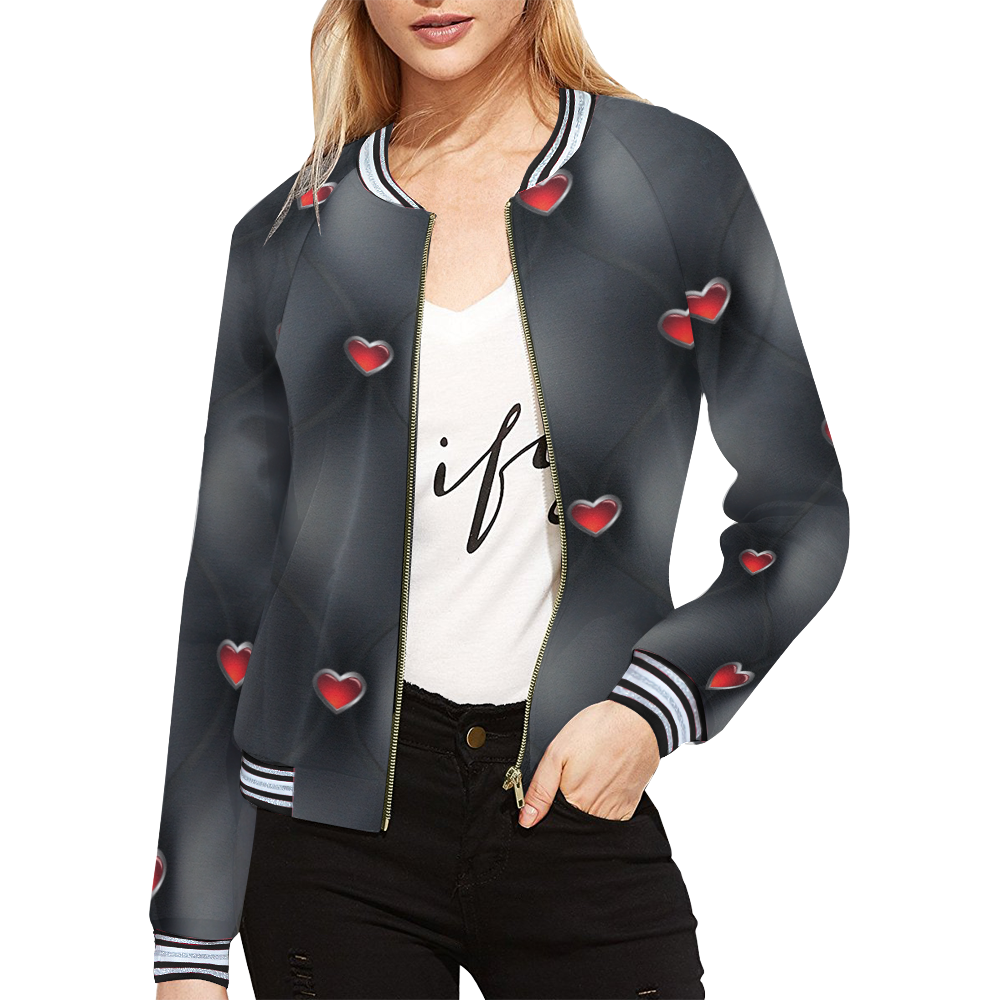 chaqueta de mujer negro acolchado All Over Print Bomber Jacket for Women (Model H21)