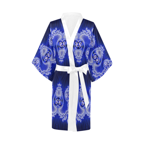 Blue and White Hearts  Lace Fractal Abstract Kimono Robe