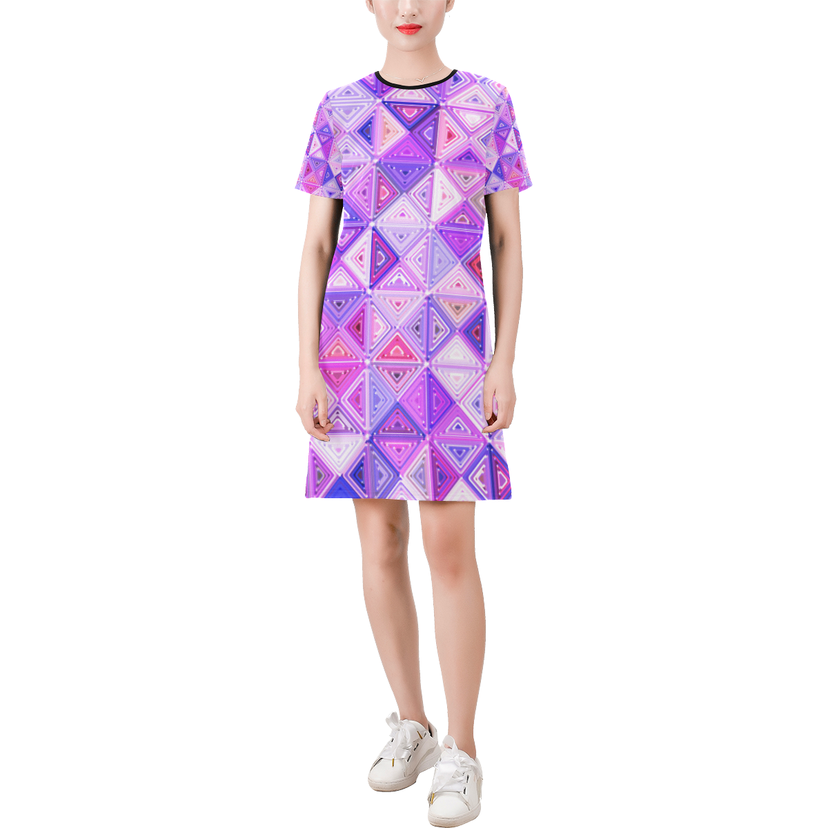 Colorful Geometric Pattern Short-Sleeve Round Neck A-Line Dress (Model D47)