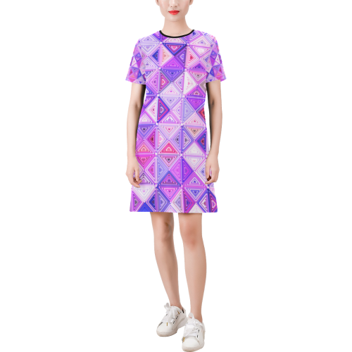 Colorful Geometric Pattern Short-Sleeve Round Neck A-Line Dress (Model D47)