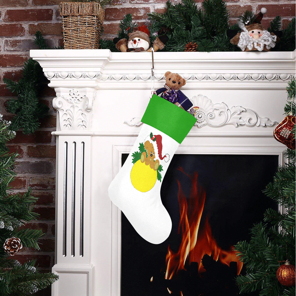 Christmas Teddy Bear Ornament White/Green Christmas Stocking