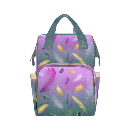 Dancing Feathers - Pink and Green Multi-Function Diaper Backpack/Diaper Bag (Model 1688)