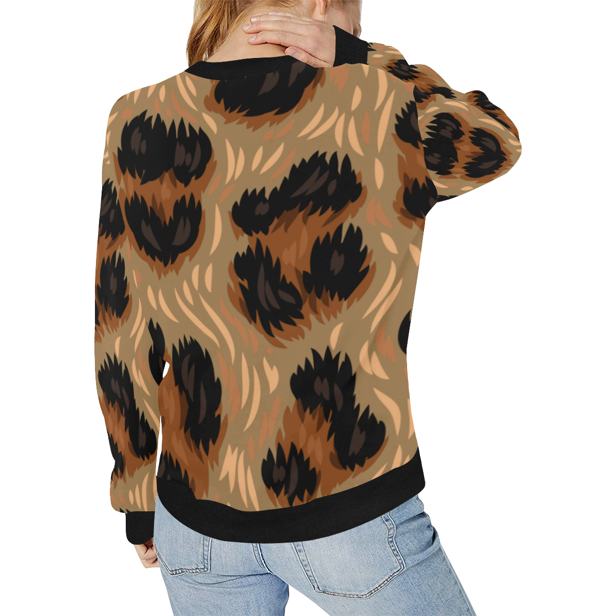 sudaders de mujer leopardo marron Women's Rib Cuff Crew Neck Sweatshirt (Model H34)