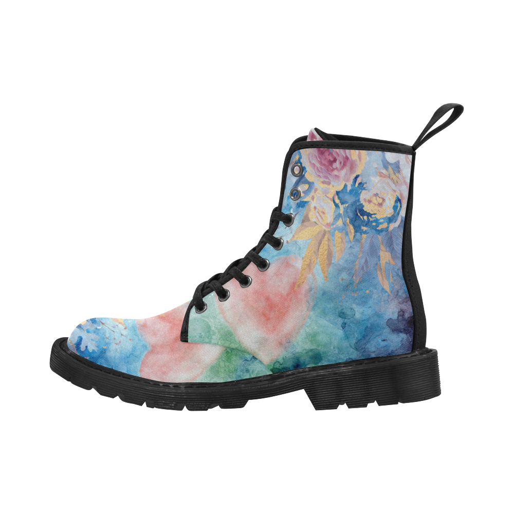Heart and flowers - Pink and Blue Martin Boots for Men (Black) (Model 1203H)