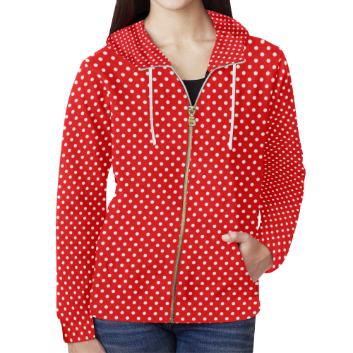 Red polka dots All Over Print Full Zip Hoodie for Women (Model H14)