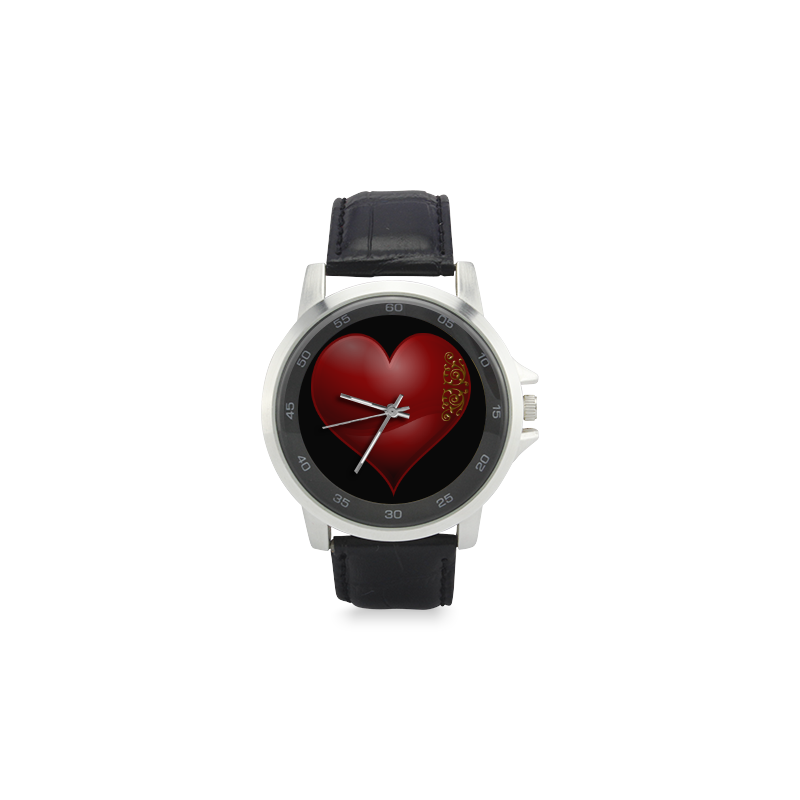 Heart  Las Vegas Symbol Playing Card Shape on Black Unisex Stainless Steel Leather Strap Watch(Model 202)