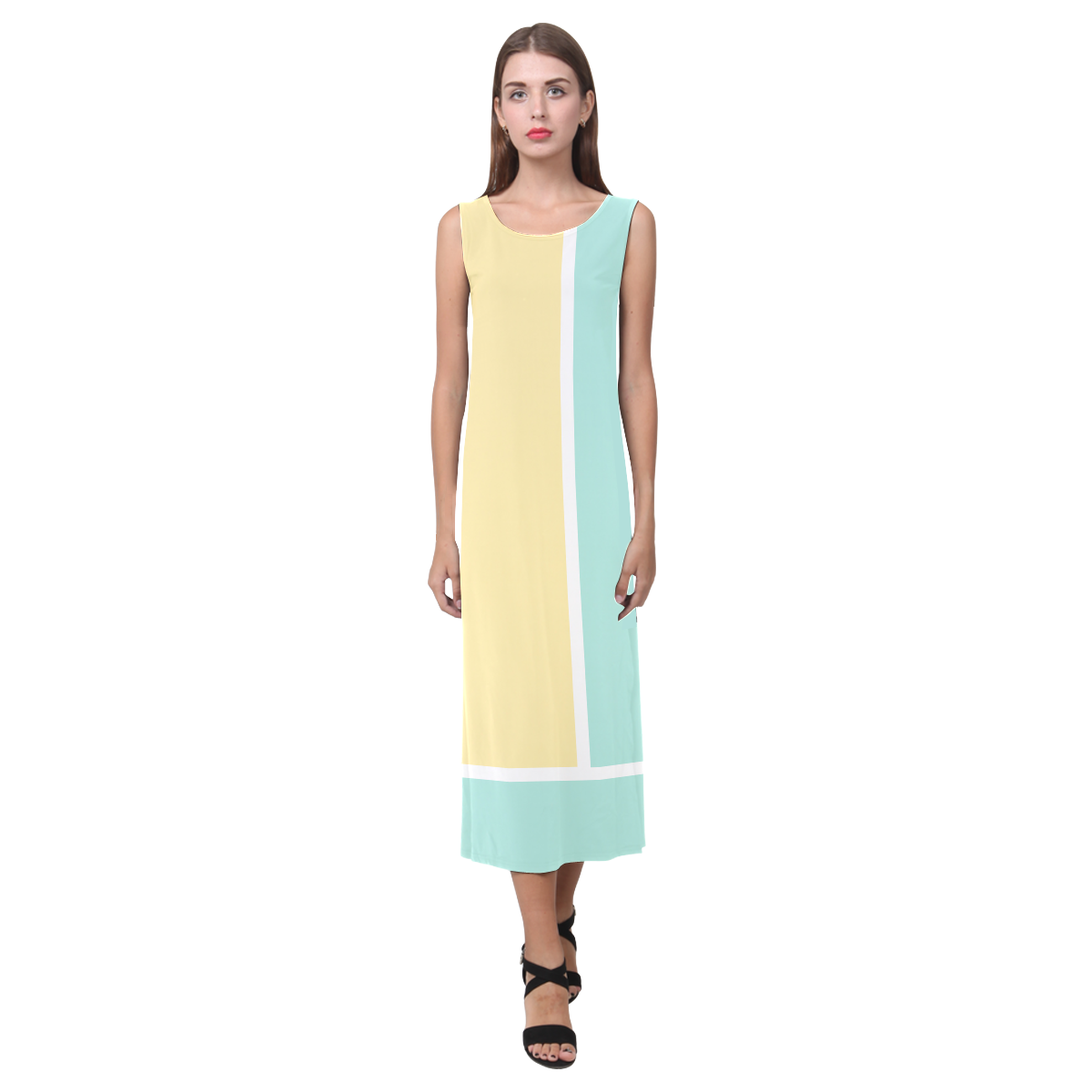 Seafoam and Yellow Colorblock Phaedra Sleeveless Open Fork Long Dress (Model D08)
