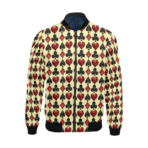Las Vegas Black and Red Casino Poker Card Shapes on Yellow All Over Print Bomber Jacket for Men (Model H19)