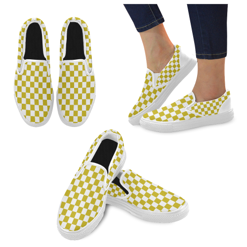 Checkerboard Gold and White Slip-on Canvas Shoes for Men/Large Size (Model 019)
