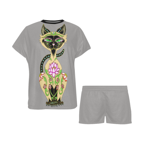 Siamese Cat Sugar Skull Ash Women's Short Pajama Set