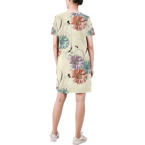 Flowers on Yellow Short-Sleeve Round Neck A-Line Dress (Model D47)