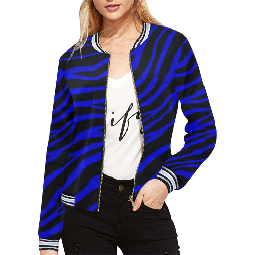Ripped SpaceTime Stripes - Blue All Over Print Bomber Jacket for Women (Model H21)