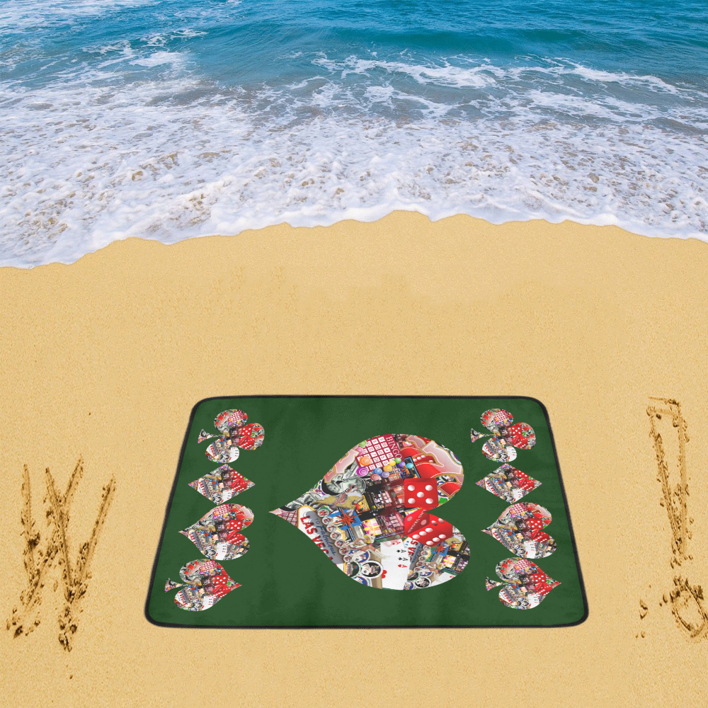 Heart Playing Card Shape - Las Vegas Icons Beach on Green Beach Mat 78"x 60"