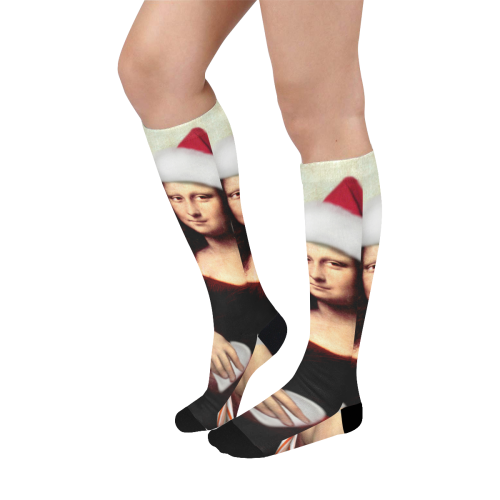 Christmas Mona Lisa with Santa Hat Over-The-Calf Socks