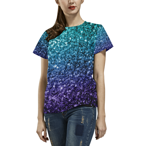 Beautiful Aqua blue Ombre glitter sparkles All Over Print T-Shirt for Women (USA Size) (Model T40)