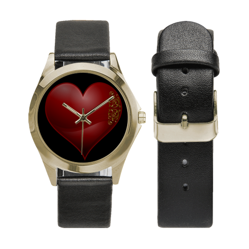 Heart  Las Vegas Symbol Playing Card Shape (Black) Unisex Silver-Tone Round Leather Watch (Model 216)