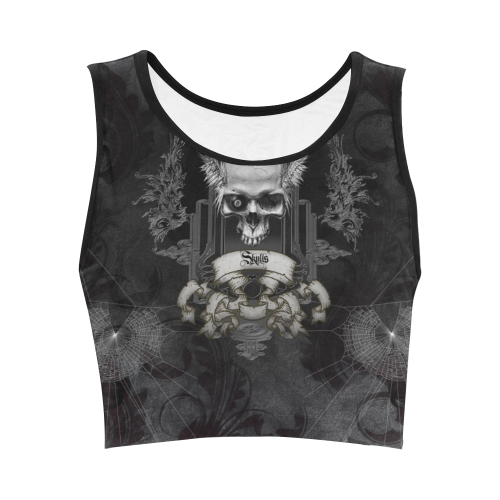 Skull with crow in black and white Women's Crop Top (Model T42)