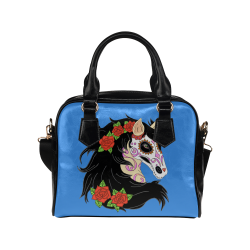 Sugar Skull Horse Red Roses Blue Shoulder Handbag (Model 1634)