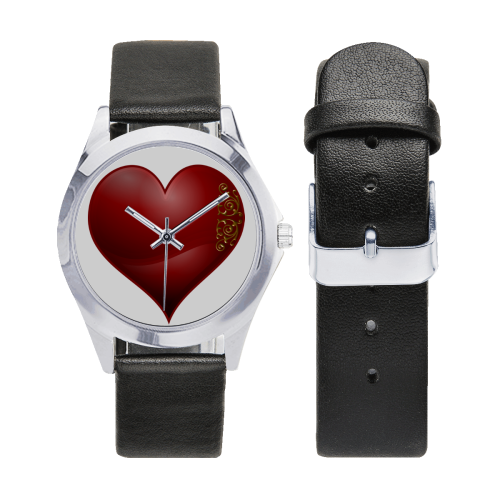 Heart  Las Vegas Symbol Playing Card Shape (White) Unisex Silver-Tone Round Leather Watch (Model 216)