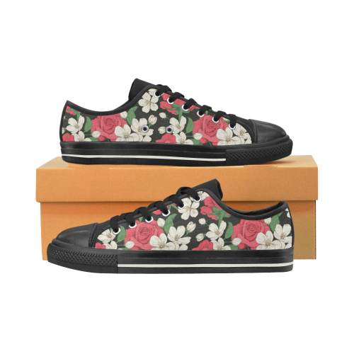 Pink, White and Black Floral Canvas Women's Shoes/Large Size (Model 018)