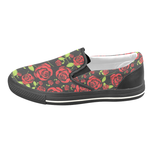 Red Roses on Black Slip-on Canvas Shoes for Kid (Model 019)