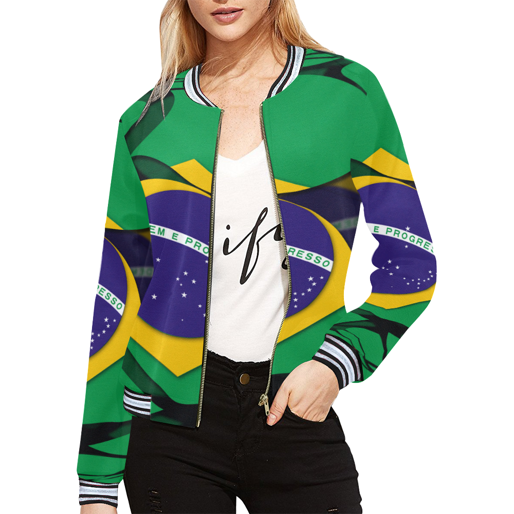The Flag of Brazil All Over Print Bomber Jacket for Women (Model H21)