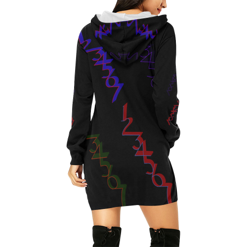 NUMBERS Collection 1234567 Black Multi Color All Over Print Hoodie Mini Dress (Model H27)