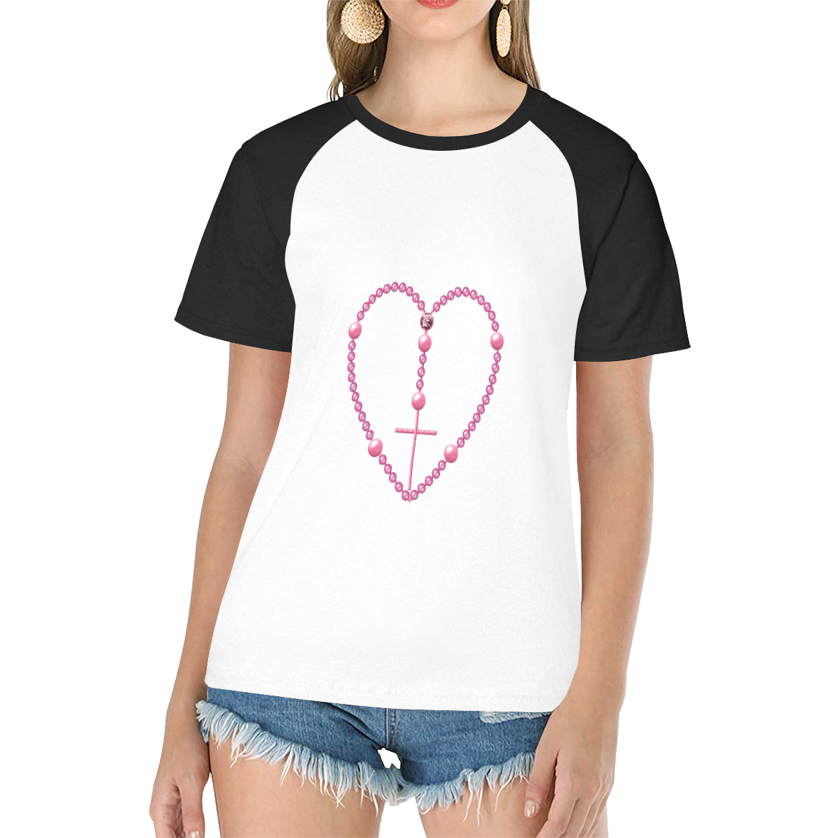 Catholic: Heart-Shaped Rosary - Pink Pearl Beads Women's Raglan T-Shirt/Front Printing (Model T62)