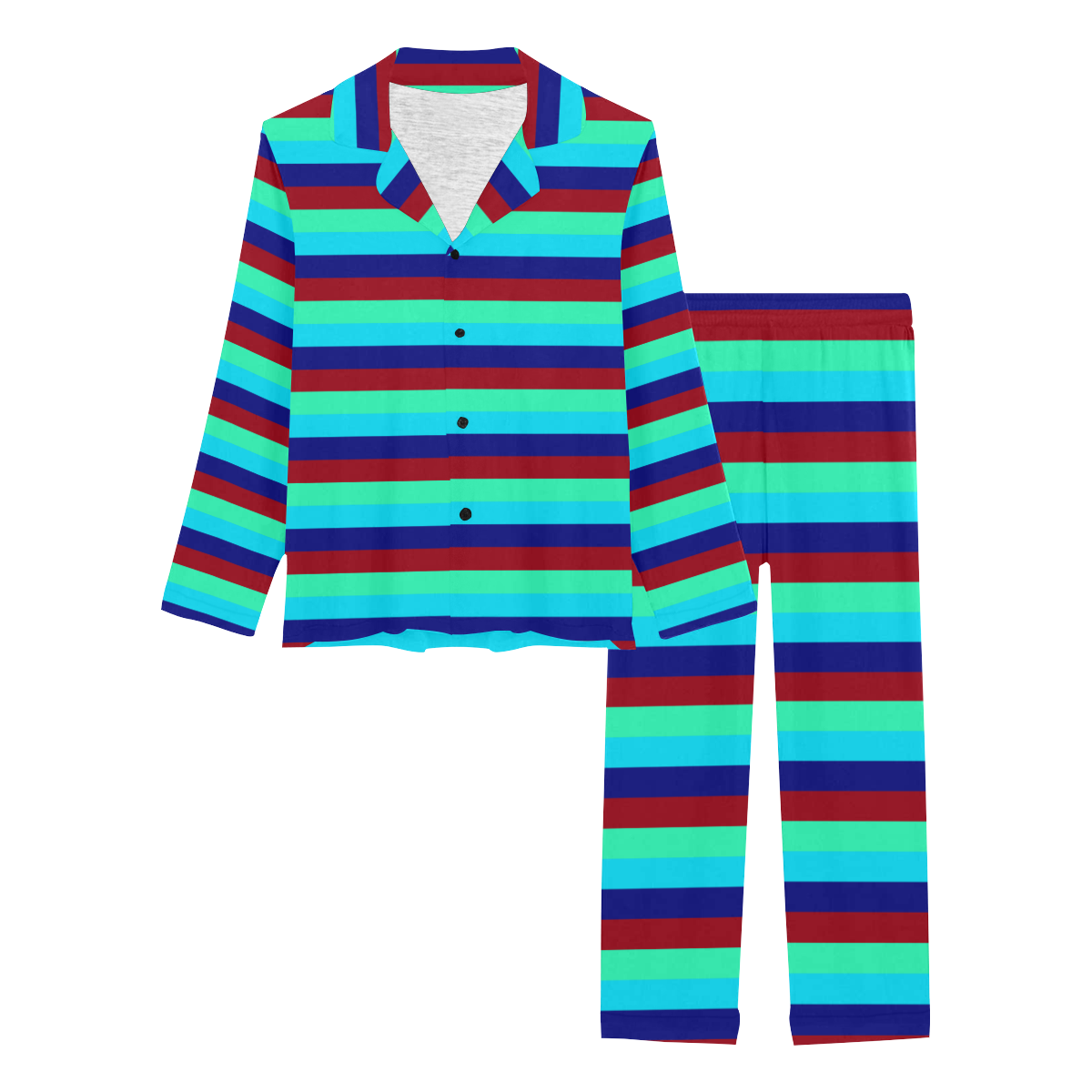 Caribbean Summer Style Blue Lines Pattern Women's Long Pajama Set