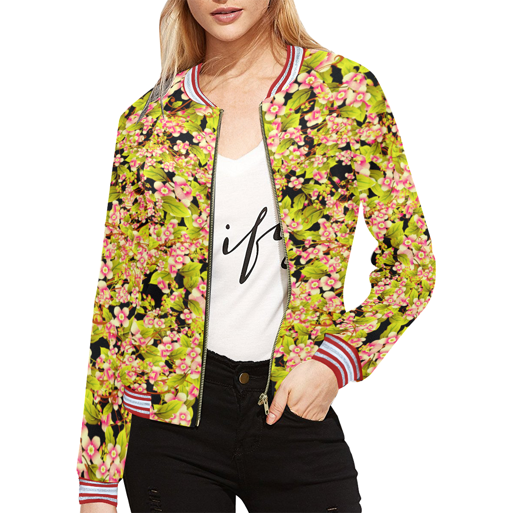Flower Pattern All Over Print Bomber Jacket for Women (Model H21)