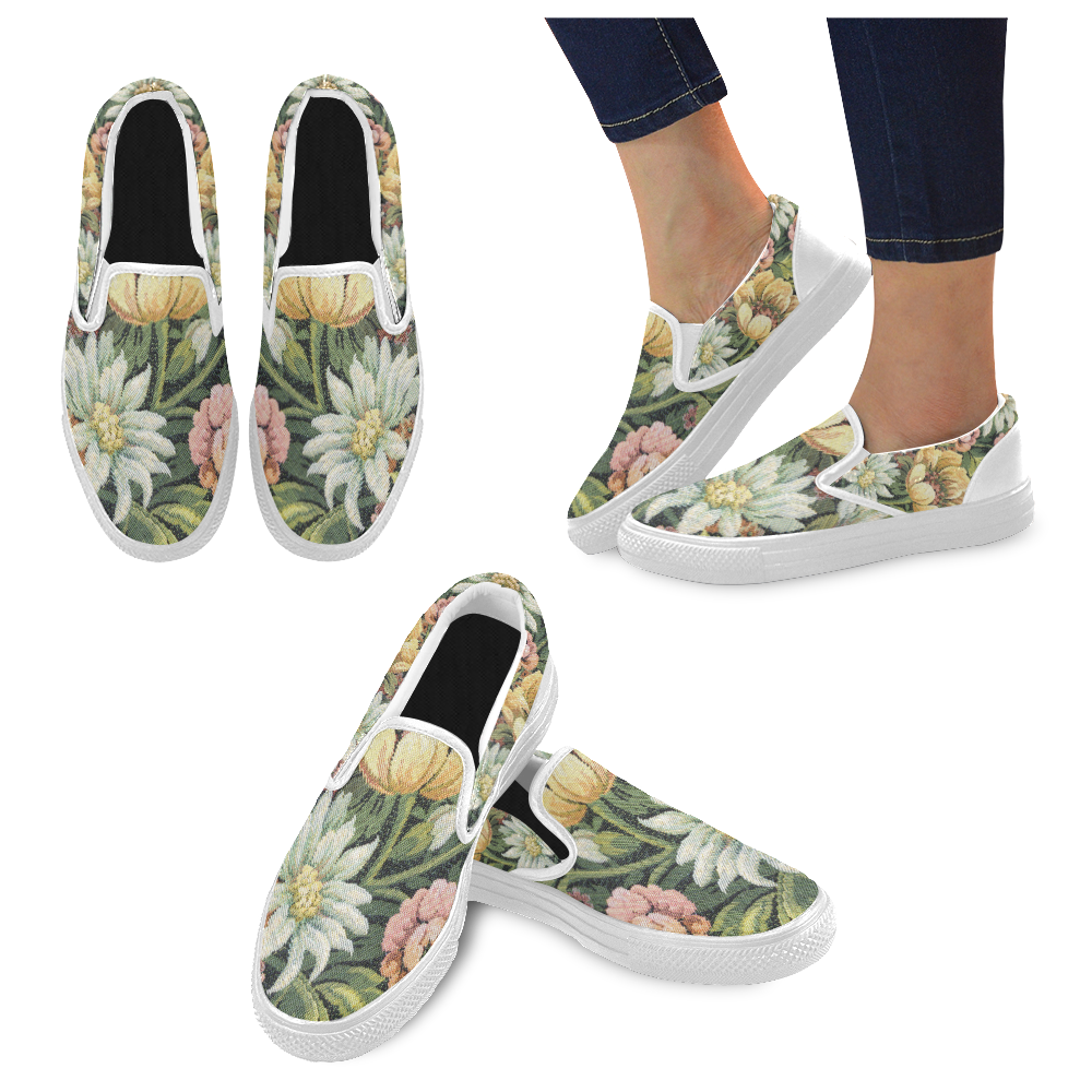 grandma's comfy floral white trim Slip-on Canvas Shoes for Men/Large Size (Model 019)